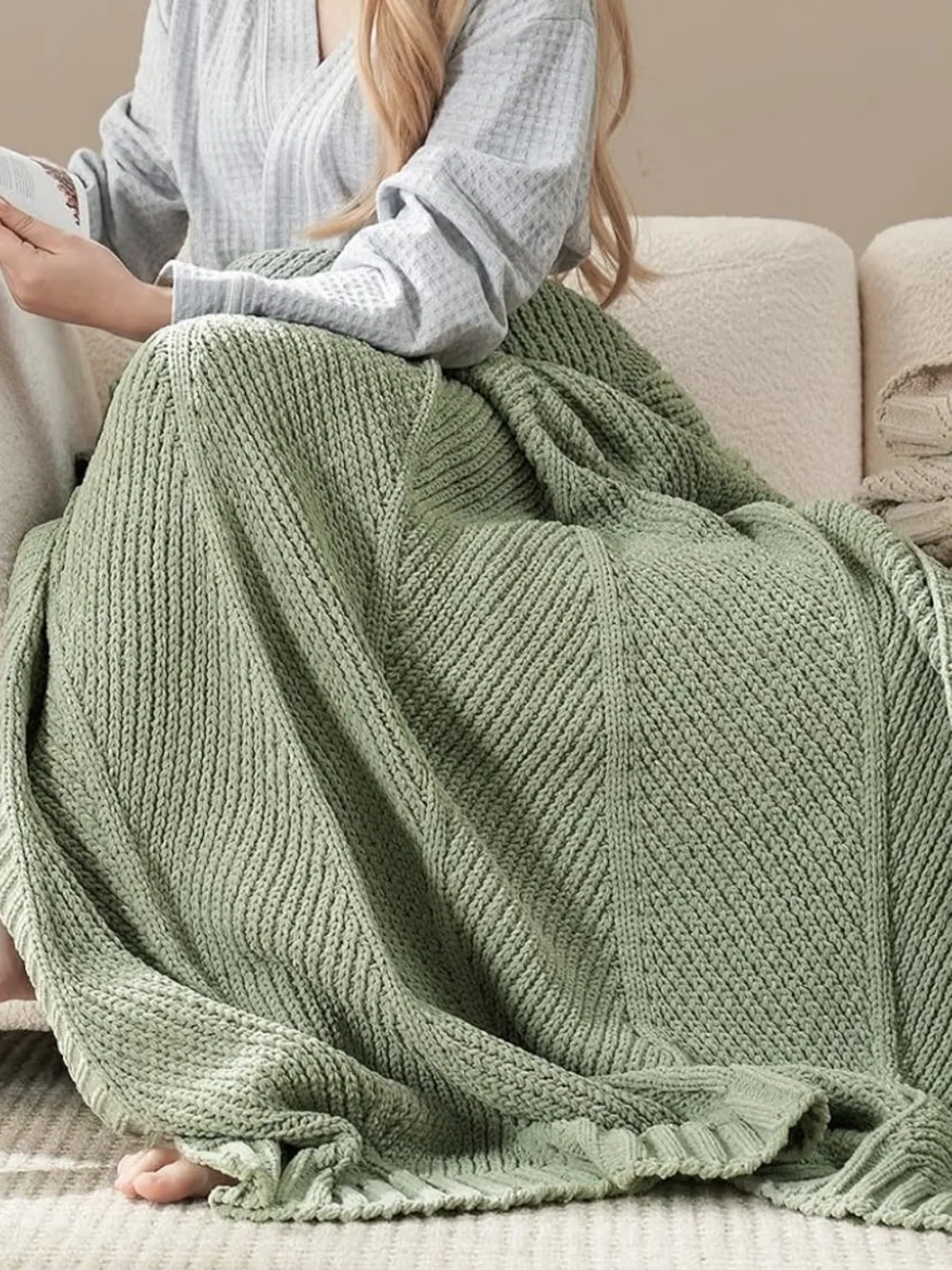 Cozy Knit Chunky Chenille Throw Blanket in Sage Green -50 X 60